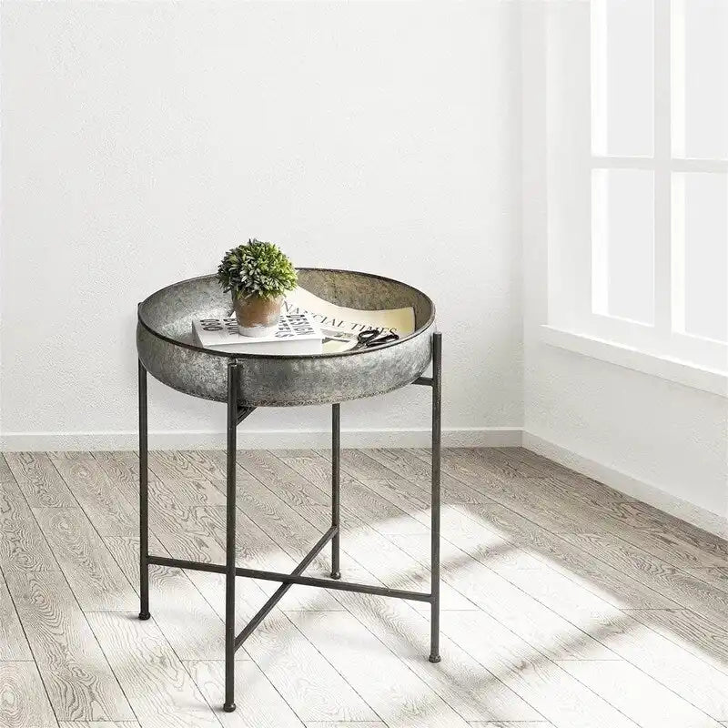 Folding Galvanized Side Table Waterproof Coffee Table - 22.44D x 22.44W x 25.79H