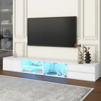 Meuble TV LED pour téléviseurs jusqu'à 105 pouces, Console multimédia avec portes en verre trempé, Meuble de divertissement avec 2 tiroirs et placards