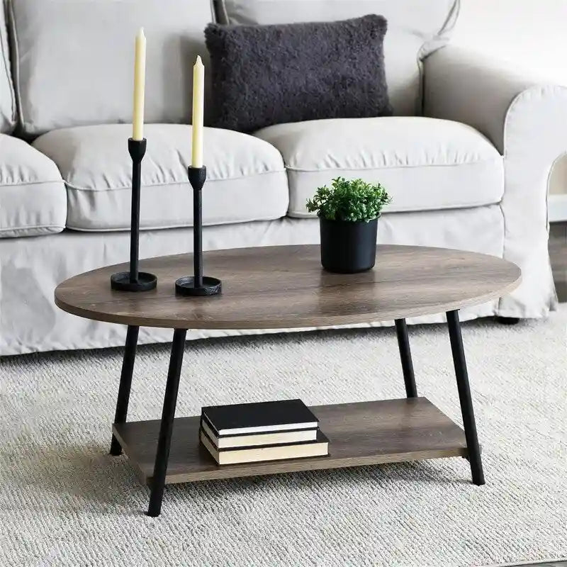 Table basse rustique ovale avec étagère de rangement - 59,5P x 100L x 42H cm