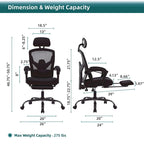 Chaise de bureau ergonomique à dossier haut en maille avec support lombaire et coussin pour ordinateur