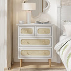 Commode en rotin et osier, commode à 4 tiroirs, meuble de rangement en bois blanc, buffet bohème, milieu de siècle, style côtier