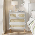   Wicker Rattan Chest of Drawers, 4-Drawer Dresser, White Finish Wooden Storage Cabinet, Boho Mid-Century Coastal Sideboard