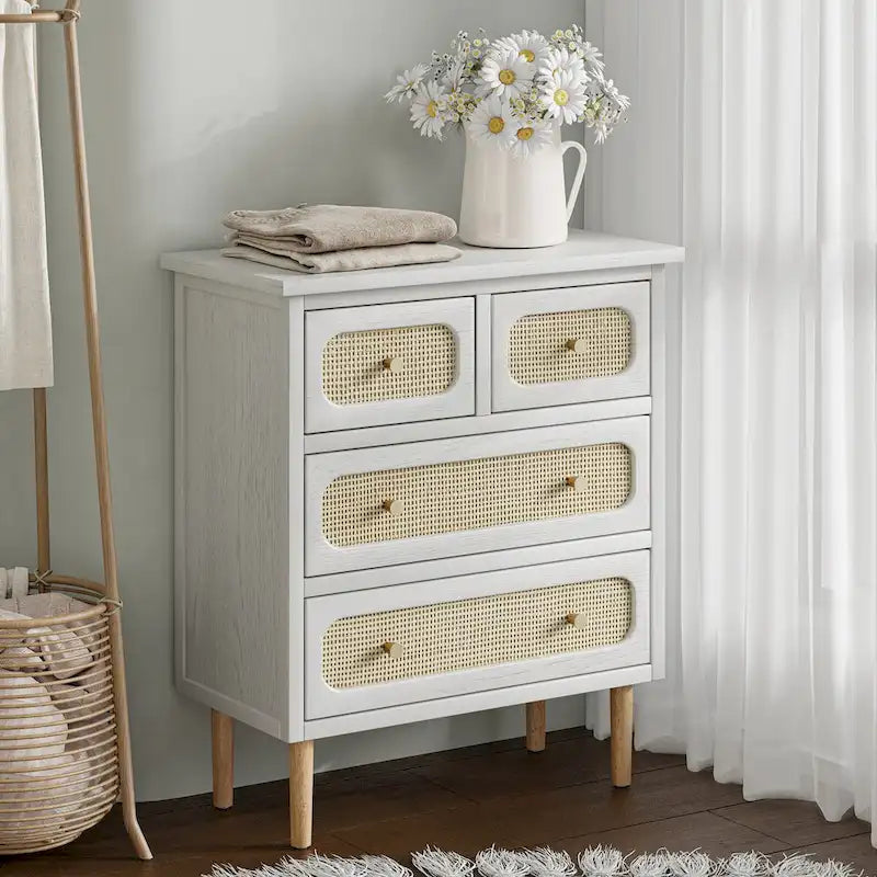 Commode en rotin et osier, commode à 4 tiroirs, meuble de rangement en bois blanc, buffet bohème, milieu de siècle, style côtier