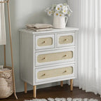Commode en rotin et osier, commode à 4 tiroirs, meuble de rangement en bois blanc, buffet bohème, milieu de siècle, style côtier