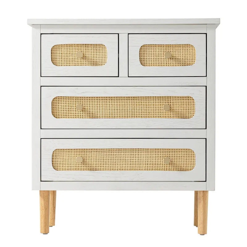Commode en rotin et osier, commode à 4 tiroirs, meuble de rangement en bois blanc, buffet bohème, milieu de siècle, style côtier
