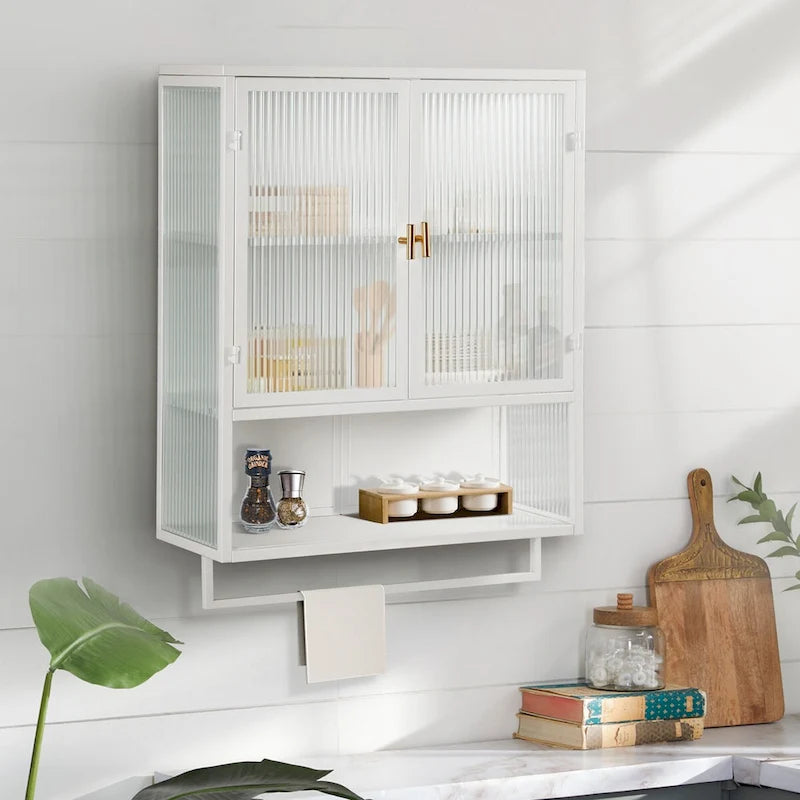    ern 23.62 Glass Door Wall Cabinet with Two-Tier Enclosed Storage, Open Shelf, and Towel Rack for Entryway